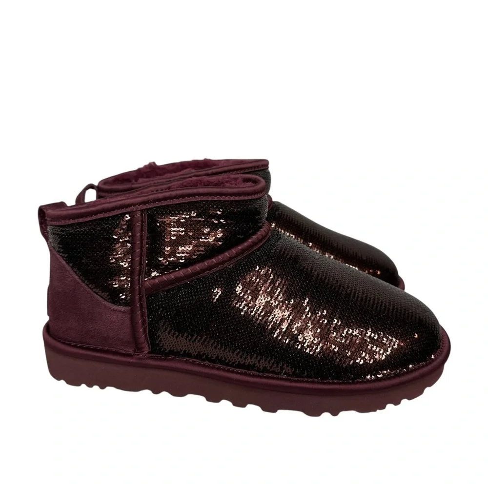 UGG Women's Classic Burgundy Sequin Ultra Mini Mirror Ball Booties. Sz 7